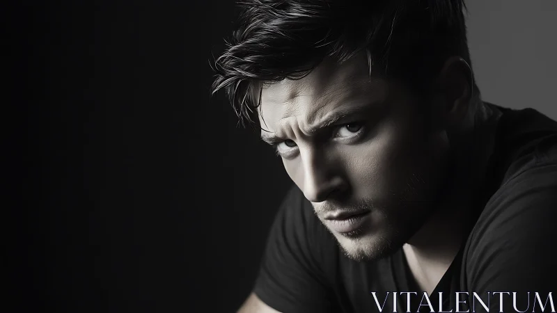 Storm-lit stare of a brooding man in sculpted shadow play.