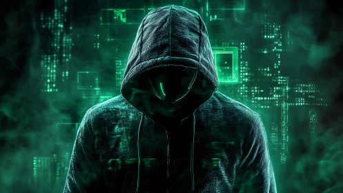 Cybernetic hooded figure in neon matrix data haze environment