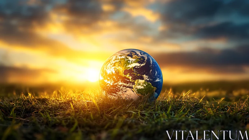 Golden sunrise cradles our small blue planet in soft grass