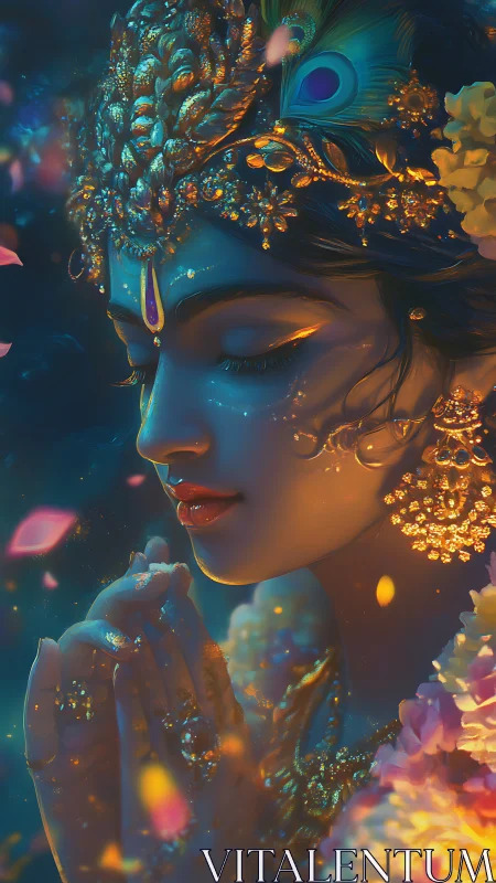 Luminescent deity portrait with jeweled headdress and bokeh lighting
