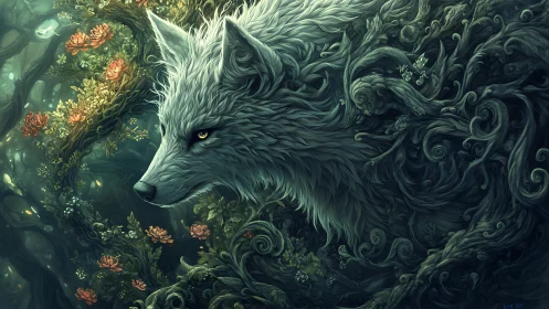 Mythic forest wolf emerging from swirling foliage forms.