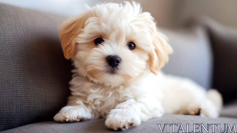 Fluffy cream puppy reclining on sofa in soft daylight.