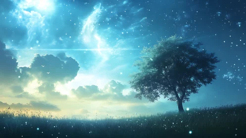 Solitary tree under glowing night sky and drifting clouds.