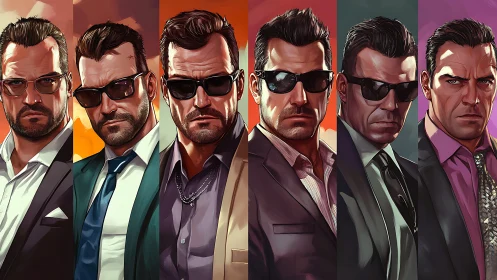 Digital painting triptych of suited male portraits in sequence.