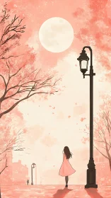 Girl in pink dress walks beneath full moon on pastel street