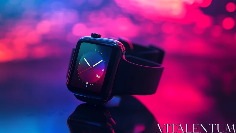 Black smartwatch with neon gradient screen and bokeh glow.