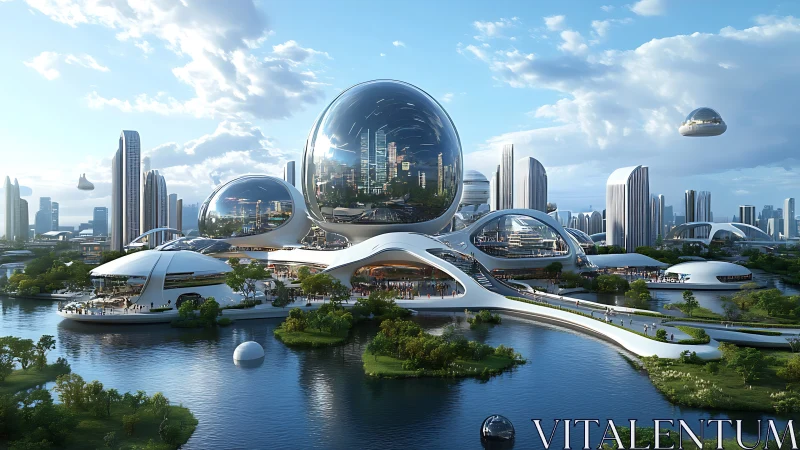 Futuristic Waterfront City with Spherical Architecture