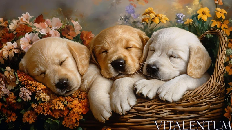 Drowsy golden puppies dreaming in a petal-laced wicker cradle.