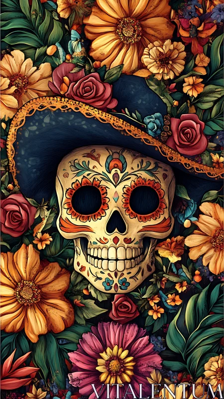 Decorated skull with dark hat amid dense floral arrangement.