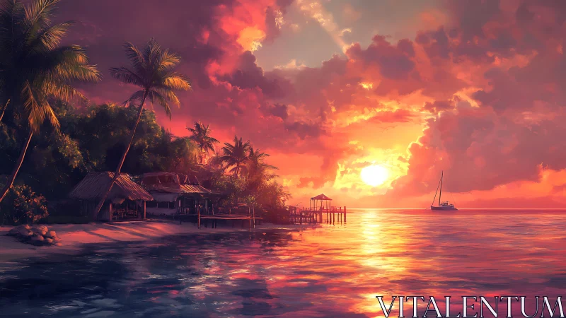 Tropical shoreline huts and pier at sunset over calm water.