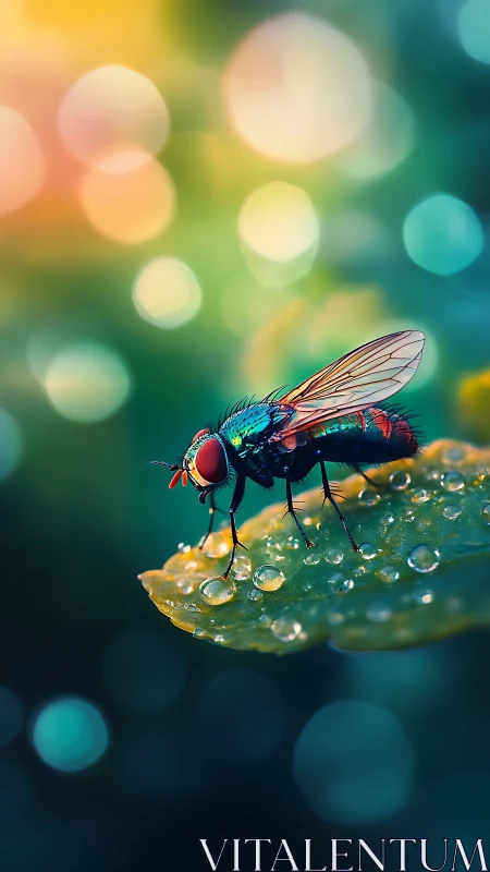 Prismatic fly poised on dew jewelled leaf in bokeh sunrise.