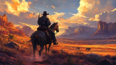 Solitary cowboy surveying blazing canyon at sunset.