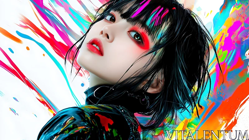Digital portrait shows stylized woman against paint streaks