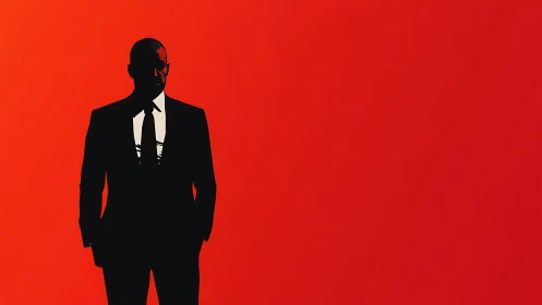 Silhouetted agent in stark black suit on blazing red field.