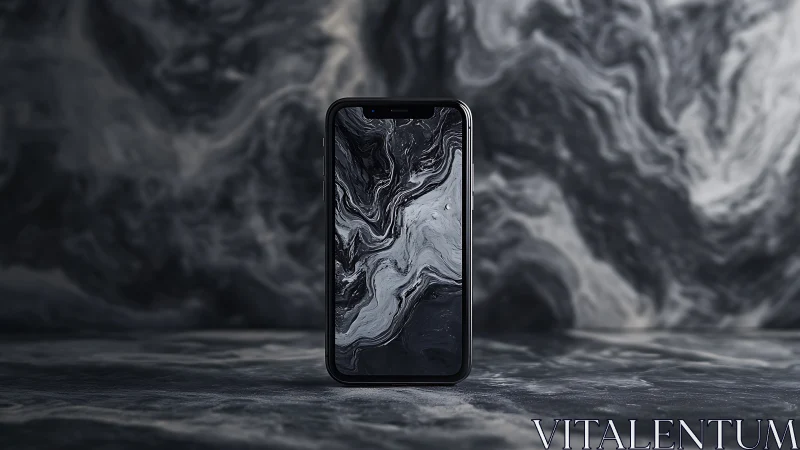 Monochrome marble smartphone standing in a swirling void.