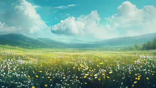 Digital painting of alpine wildflower meadow under vast sky.