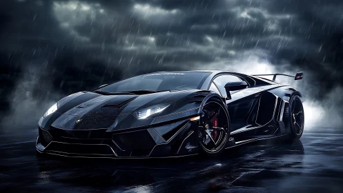 Black supercar sits on wet pavement under heavy nighttime rain