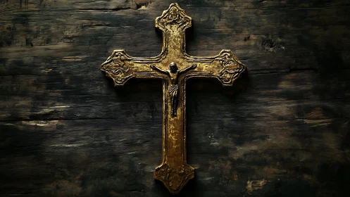 Golden crucifix rests gently on a timeworn wooden surface