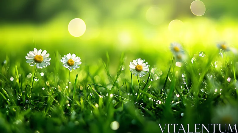 White Daisies in Dewy Grass with Bokeh Sunlight.