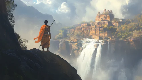 Monk in orange robe viewing cliffside temple over waterfalls.