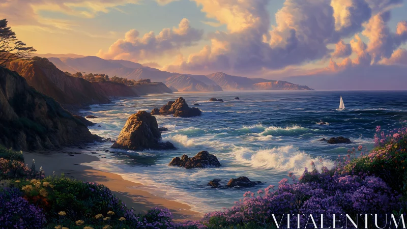 Sunlit coastal cliffs overlook vibrant wildflower surf