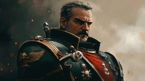 Stoic space commander in ornate battle armor stands firm.