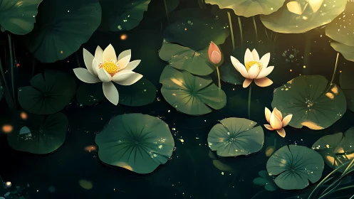 Lotus blossoms glow over dark pond under warm dusk light