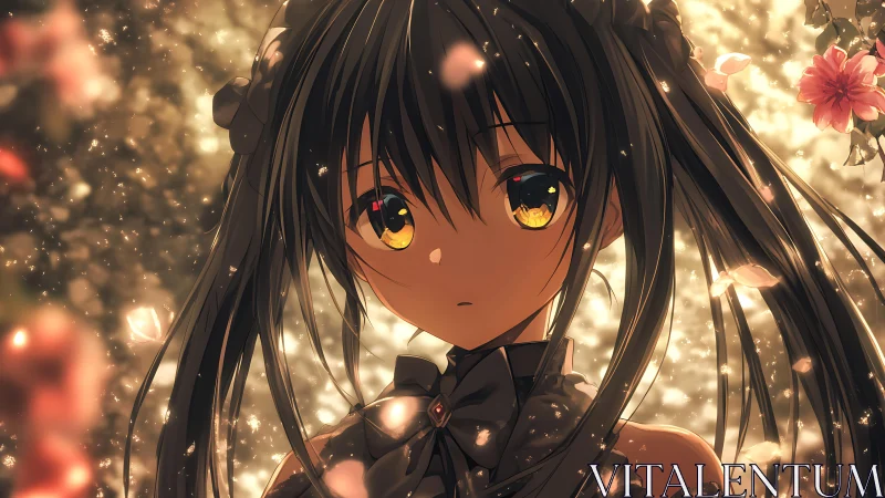 Anime girl with dark twin tails stands amid glowing petals