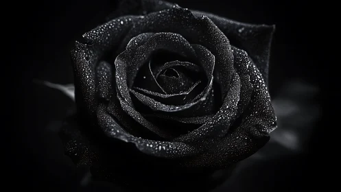 Midnight black rose glistens with dewdrops in soft darkness