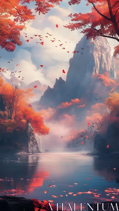 Autumn valley lake reflects misty mountains and crimson trees