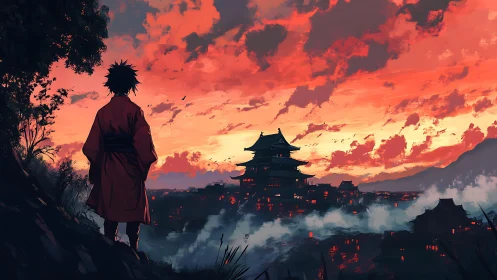 Wanderer in crimson dusk watching a smoking mountain city.