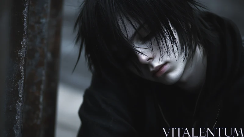 Pale dark haired person resting against metal post, eyes closed.