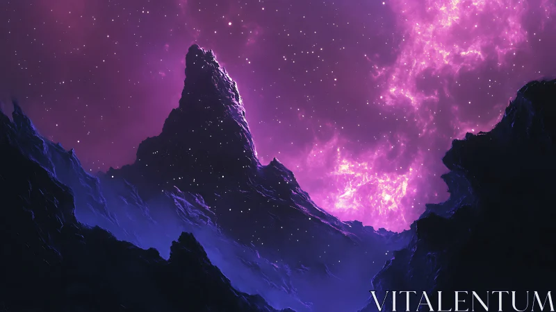 Cosmic mountain silhouette crowned by radiant purple nebula.