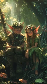 Forest elf children sharing secrets in golden woodland glow.
