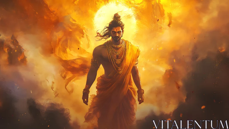 Radiant warrior strides through blazing celestial clouds.