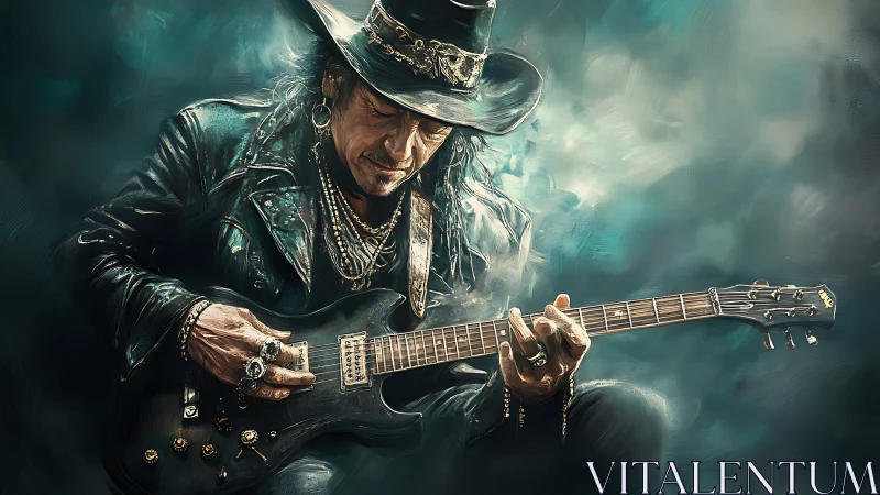 Male guitarist in leather jacket plays electric guitar