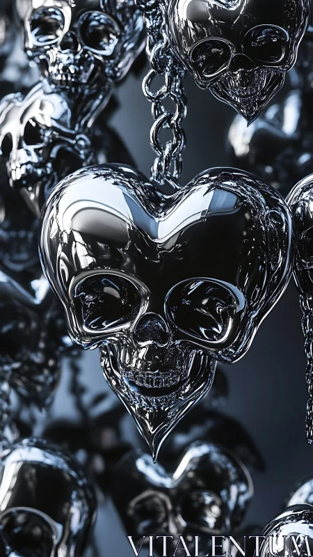 Gleaming silver heart skulls hang in a bold metallic tangle