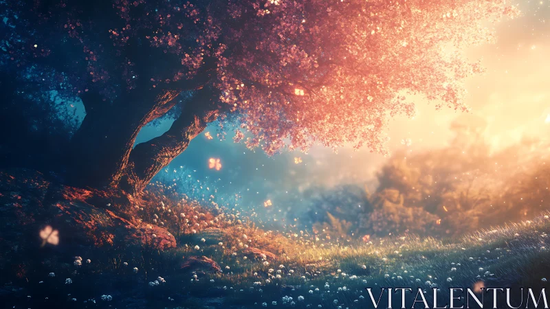 Glowing cherry tree welcomes dusk with soft magical light