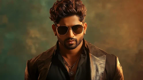 Man in sunglasses wearing leather jacket on studio backdrop.