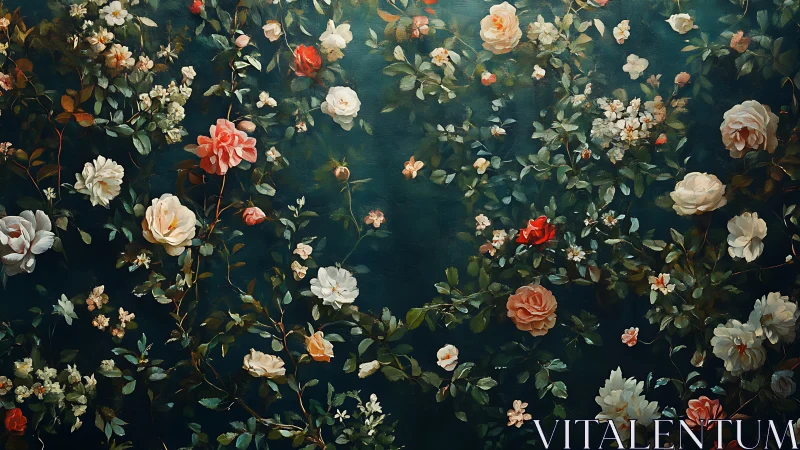 Baroque floral composition with layered roses against deep teal background.