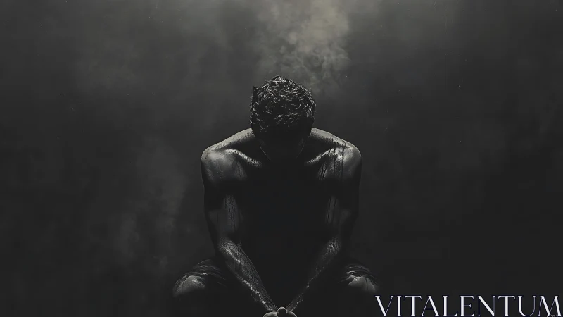 Low-key monochrome portrait of pensive crouched male figure.