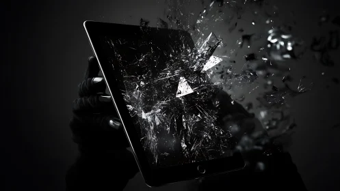 Shattered touchscreen tablet with dynamic glass particle explosion