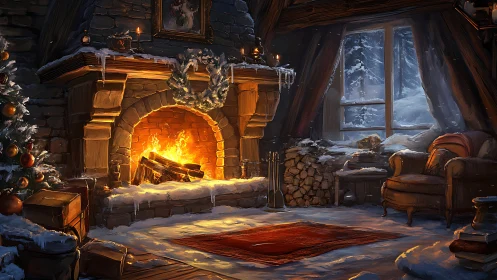 Snow covered cabin interior shows lit stone fireplace and window