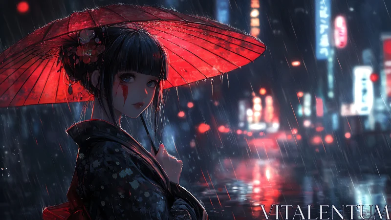 Woman holds red umbrella in rainy neon-lit urban street