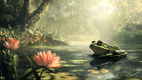 Frog rests on sunlit forest pond with soft blooming lilies