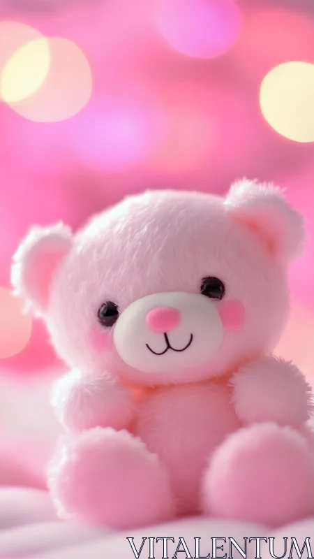 Pink plush teddy bear sits centered against blurred bokeh