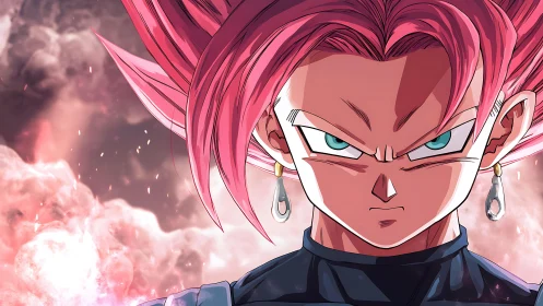 Pink‑haired anime character faces viewer against cloudy backdrop