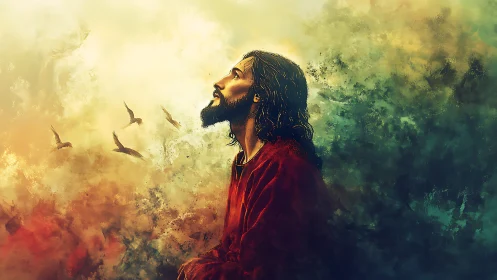 Solitary robed figure looking upward amid abstract sky.