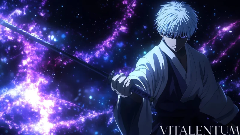 Starlit swordsman carving nebula paths in midnight silence.