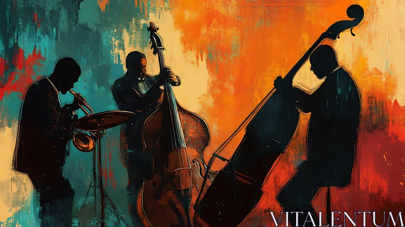 Silhouetted jazz trio performs against textured color field